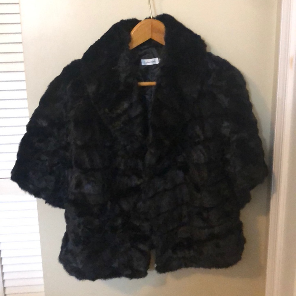 Calvin Klein Black Faux Fur Caplet Coat